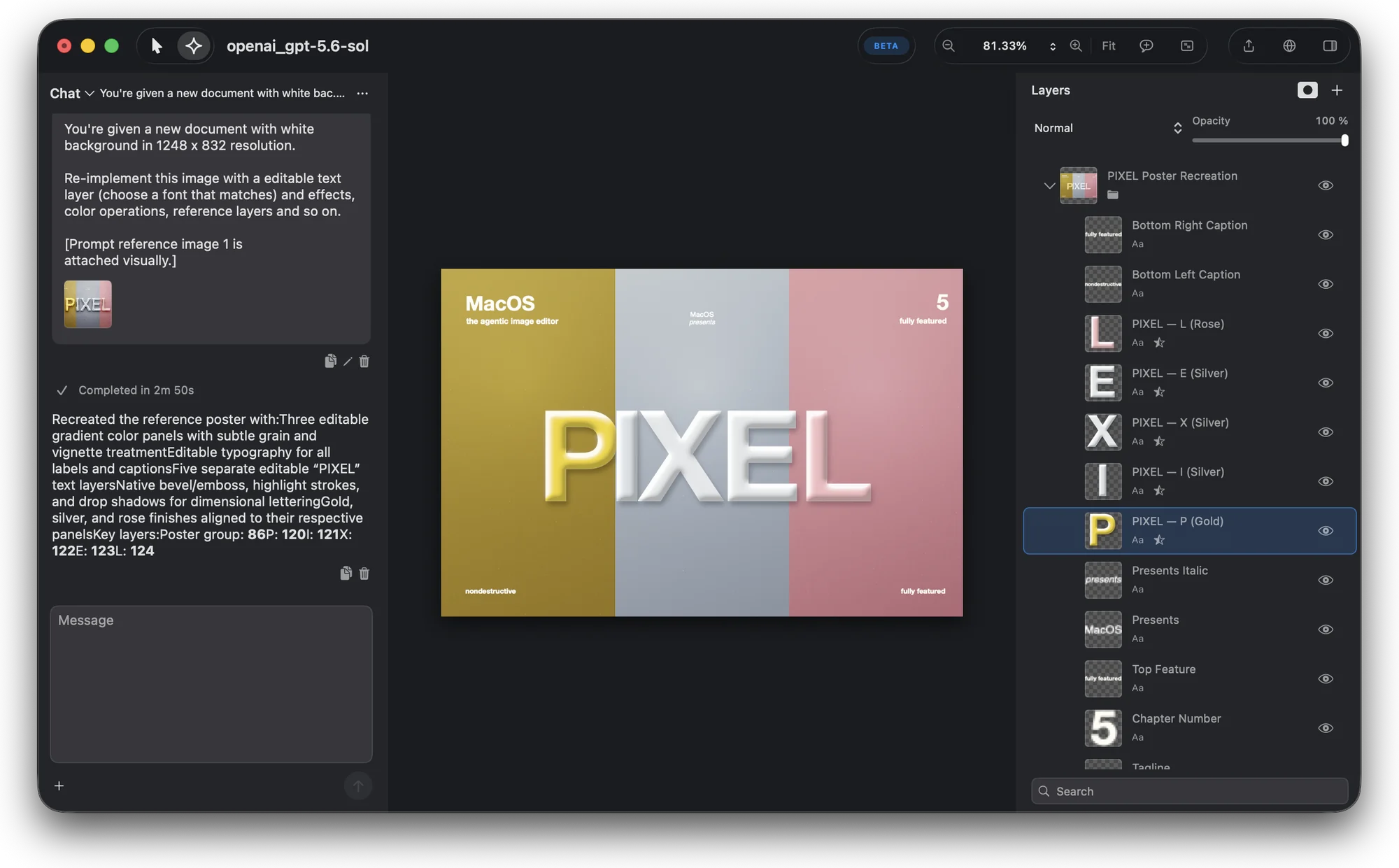 The Pixellect agent chat next to a recreated poster whose letters are separate, editable text layers