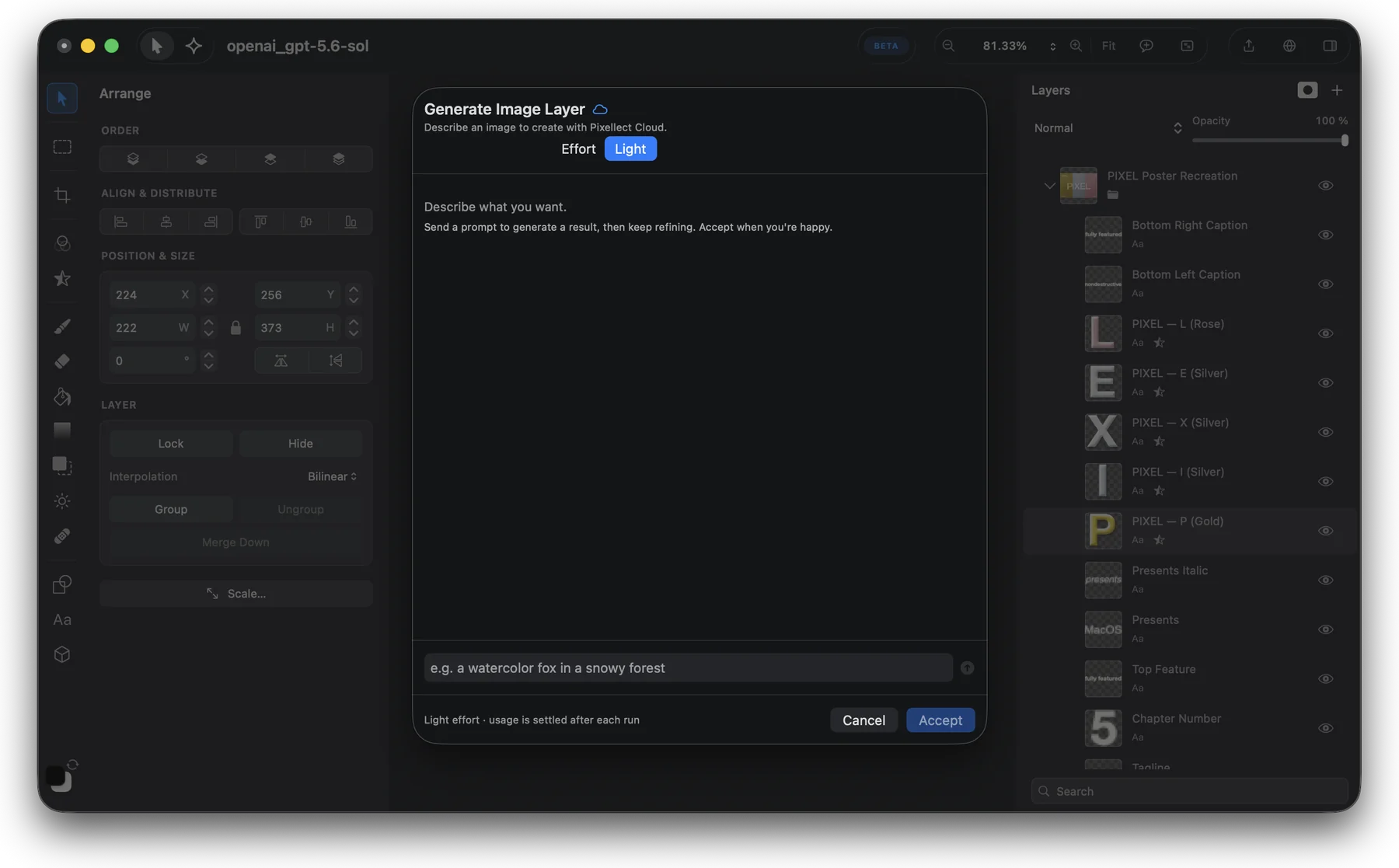 The Generate Image Layer sheet, asking for a description to create with Pixellect Cloud
