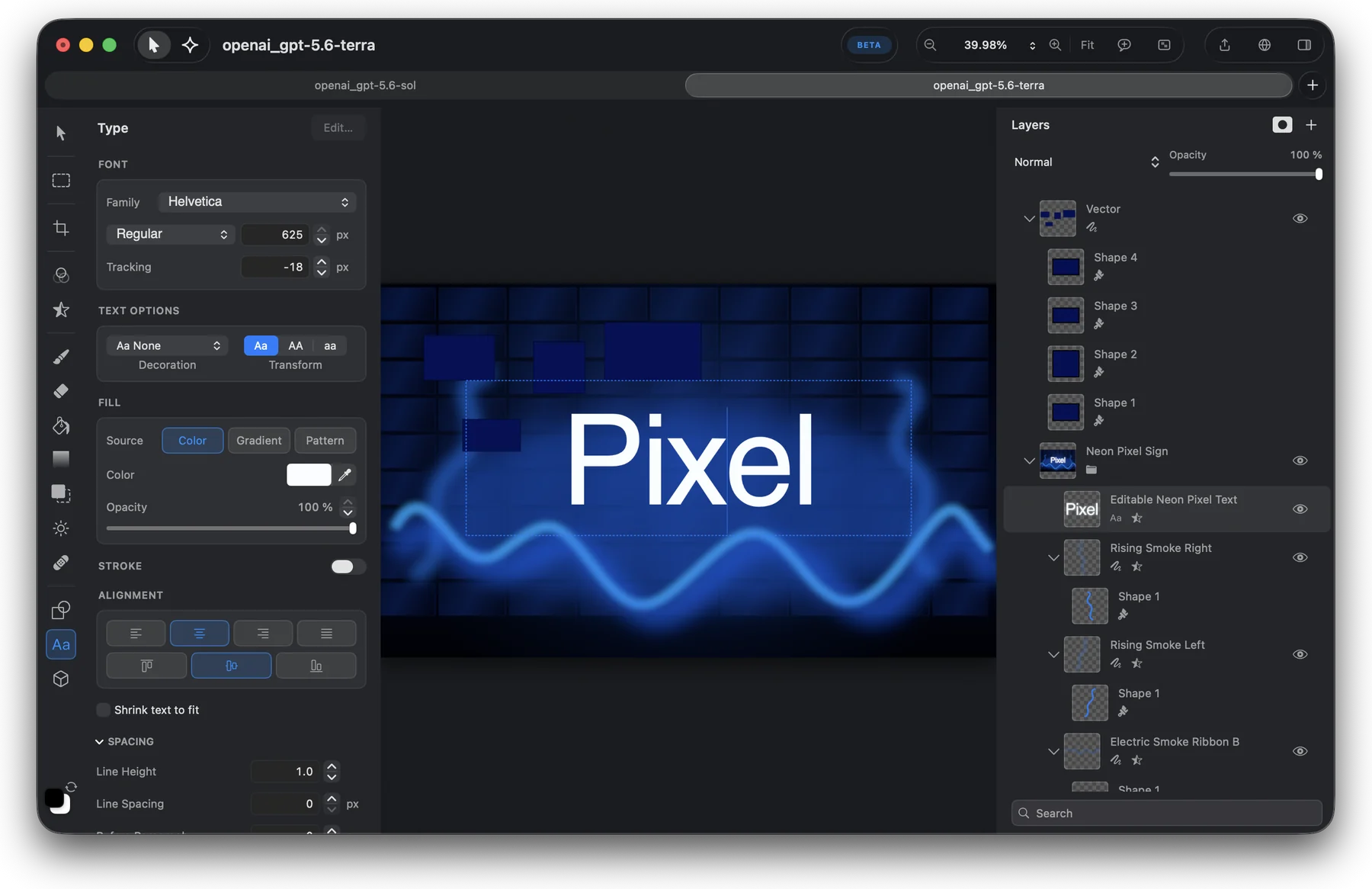 The Type inspector editing a neon ‘Pixel’ sign made of text, vector smoke ribbons, and effects