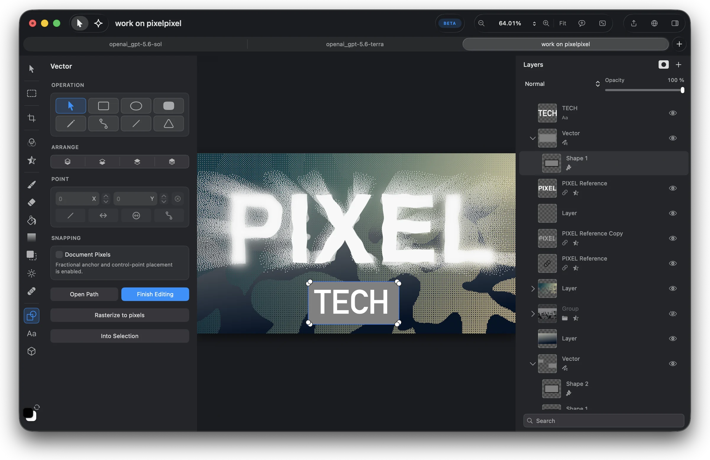 Pixellect’s vector workspace: shape tools and point editing on the left, a halftone PIXEL TECH composition on the canvas, and grouped layers on the right